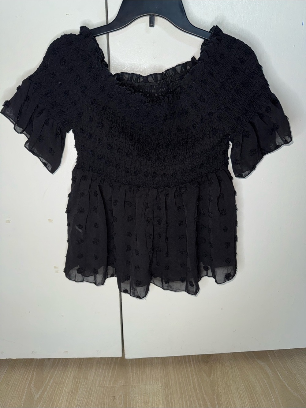 SHEIN Black Smocked Peplum Top with Dot Texture